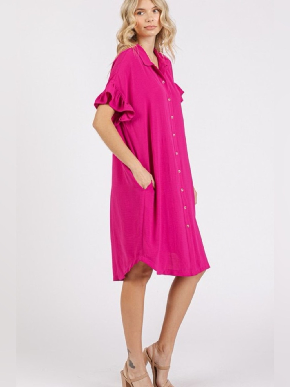 Mittoshop Button Down Flounce Sleeve Dress with Pockets - Picture 4 of 4